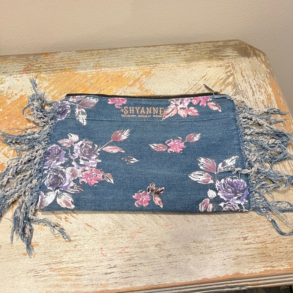 Shyanne Floral Denim Fringe Clutch Bag Blue Purple Western Boho Makeup Pouch